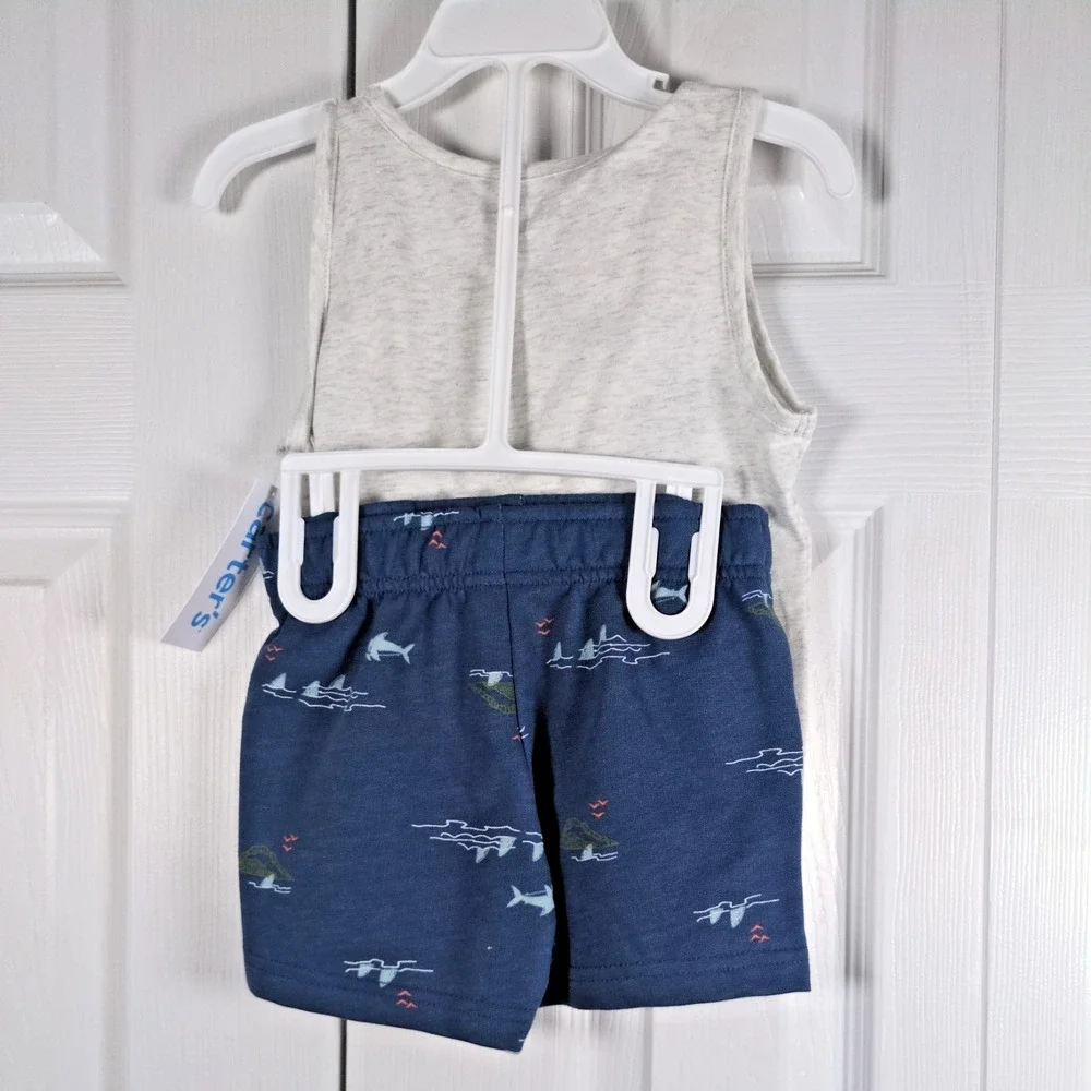 Carter's Boys 2T Tank Top Shorts Set NWT Shark Ready For Waves Gray Blue Summer